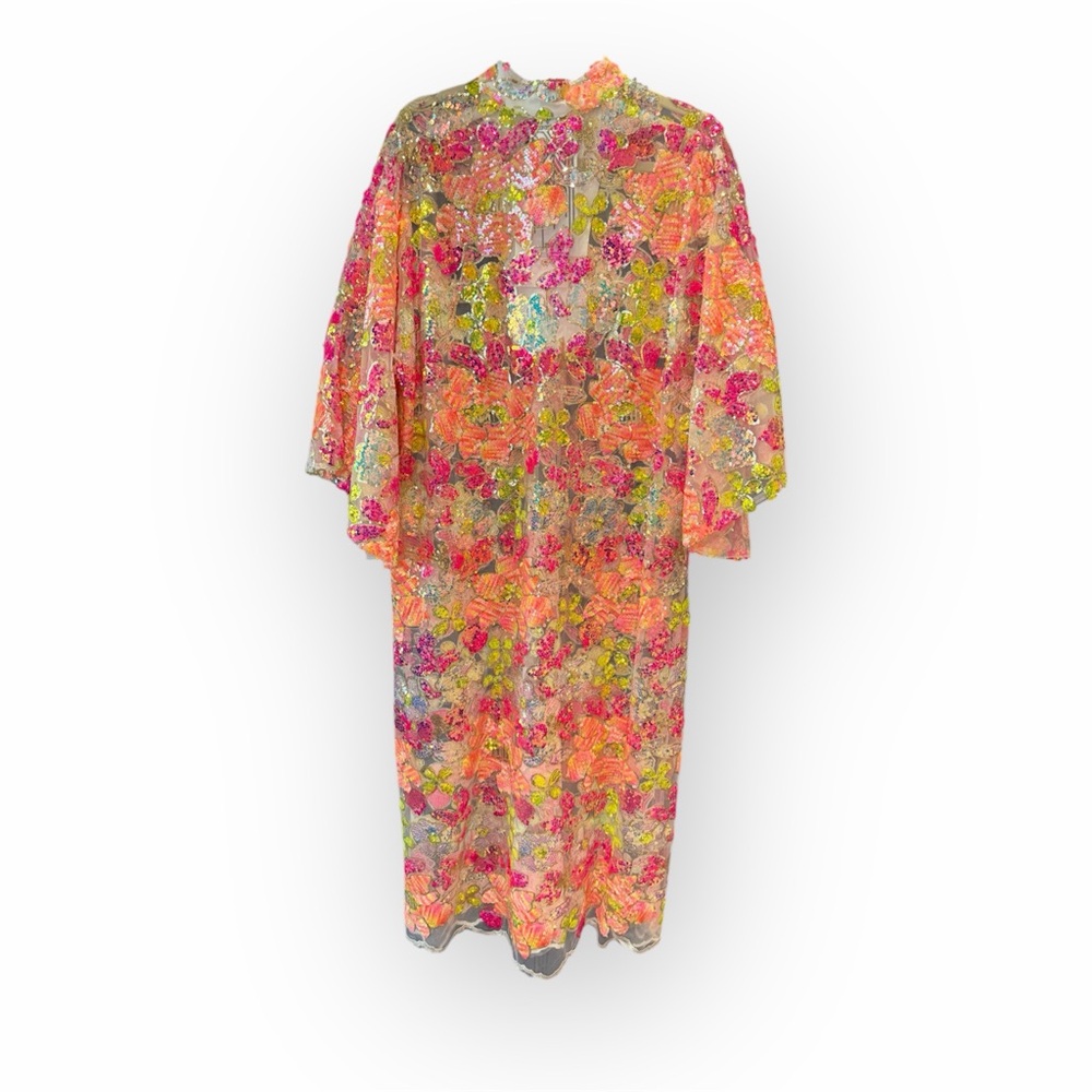 La Vie Style House Sequin Floral Chiffon Maxi Dress rare one size - Picture 2 of 7